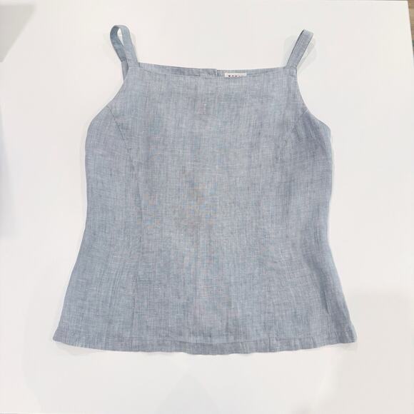 Vintage 90s Square Neck Tank Top Size 40 Large Blue 100% Linen Back Button Close - Picture 6 of 16